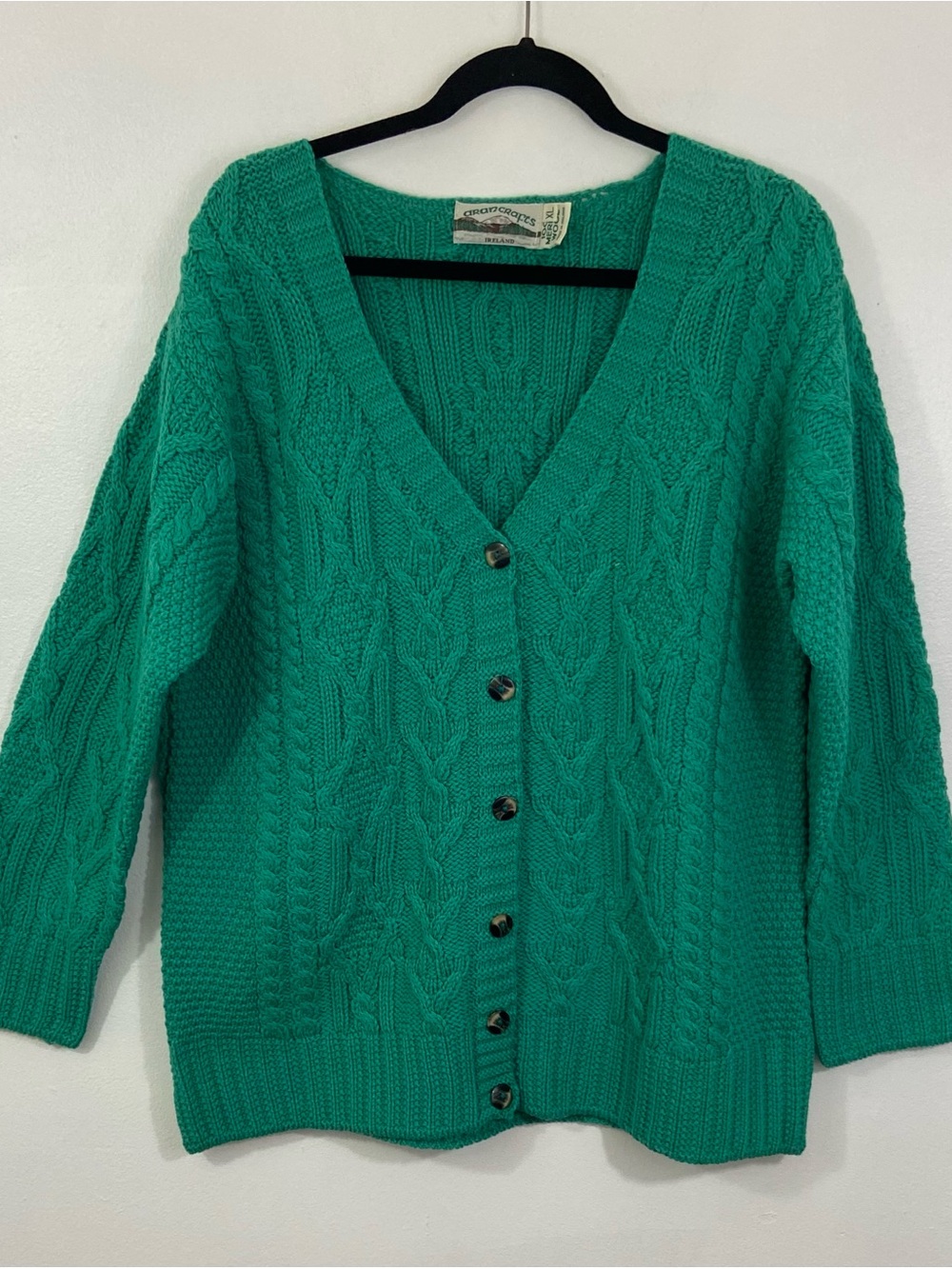 Aran Crafts Green Cable Knit Cardigan Ireland Merino Wool Fisherman XL Sweater